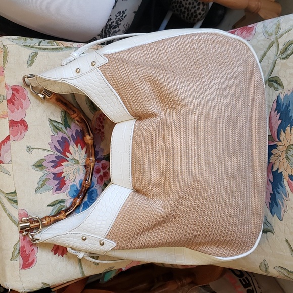 LOFT Woven and Off White Croc Embossed Shoulder Bag, with "Bamboo" Handle. - Picture 4 of 12